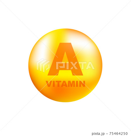 Vitamin A with realistic drop on gray background. Particles of vitamins in the middle. Vector illustration. Vitamin A with realistic drop on gray background. Particles of vitamins in the middle. Vector illustration. 75464250