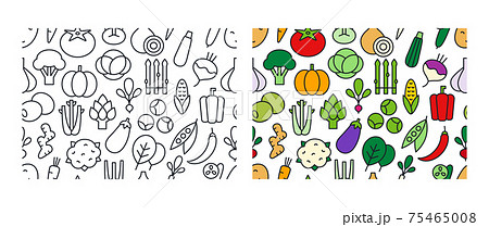 Set of vector seamless patterns with vegetables. Endless texture, background, wallpaper. Linear color icons. Contour, shape, outline. Healthy food and vitamins 75465008
