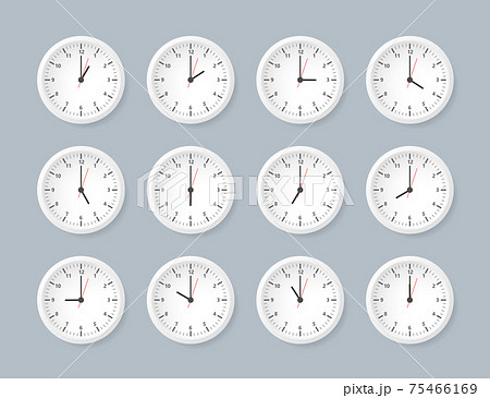 Realistic office clock. Wall round watches with time arrows and clock face. Vector illustration. 75466169