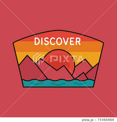Vintage discover logo, adventure emblem design with mountains and river. Unusual line art retro style sticker. Unique colors. Stock vector 75466969