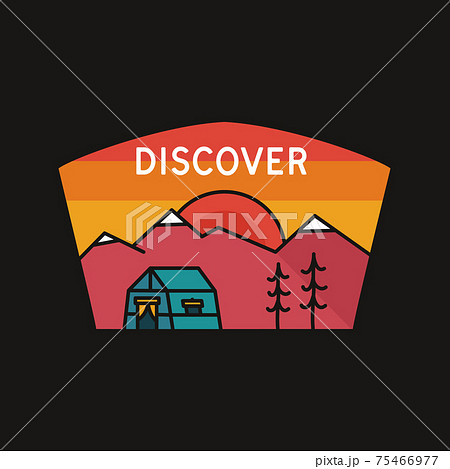 Vintage discover logo, adventure emblem design with mountains and river. Unusual line art retro style sticker. Unique colors. Stock vector 75466977