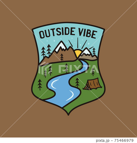 Vintage outside vibe logo, adventure emblem design with mountains scene, tent and river. Unusual line art retro style sticker. Stock vector label 75466979