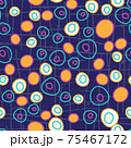 Circle Circus, bright fun dots in circles on a gridded dark blue purple background seamless repeat vector pattern 75467172