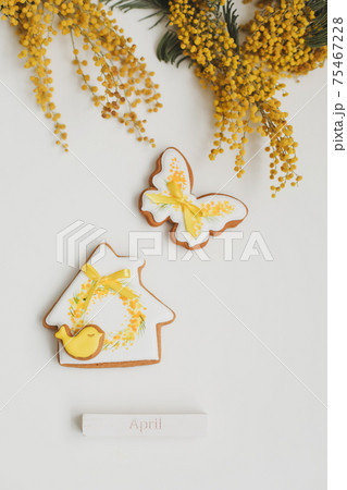 gingerbread cookie and mimosa flower on white background. Spring, springtime, April, Happy Easter concept gingerbread cookie and mimosa flower on white background. Spring, springtime, April, Happy Easter concept 75467228