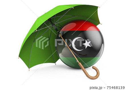 Libyan flag under umbrella. Protection and security of Libya concept, 3D rendering Libyan flag under umbrella. Protection and security of Libya concept, 3D rendering 75468139