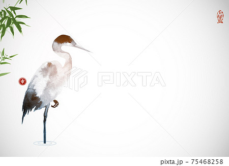 Heron and green bamboo leaves. Traditional oriental ink painting sumi-e, u-sin, go-hua. Translation of hieroglyph - happiness 75468258