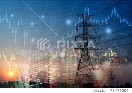 market stock graph and information with city light and electricity and energy facility industry and business background market stock graph and information with city light and electricity and energy facility industry and business background 75472062