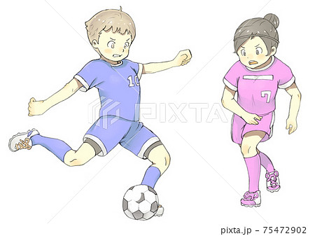女子中学生が部活でサッカーをしているところのイラスト素材