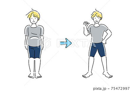 ダイエット ビフォーアフター 男性 シンプル イラストのイラスト素材