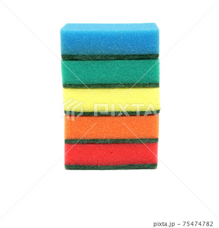 Stack multi colored sponges for washing dishes isolated on white background Stack multi colored sponges for washing dishes isolated on white background 75474782