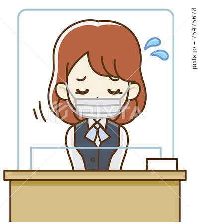 アクリル板越しに対応するマスクをした制服の女子社員 75475678