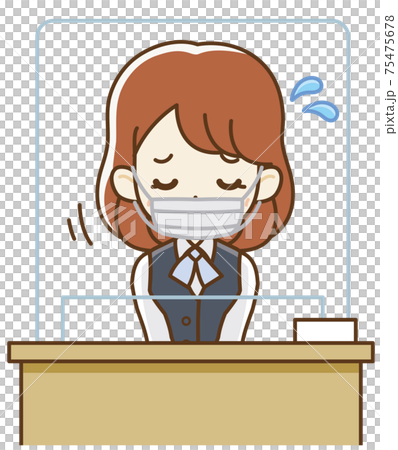 アクリル板越しに対応するマスクをした制服の女子社員 75475678
