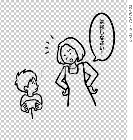 子どもに勉強しなさいと叱る母親の線画イラスト 75476402