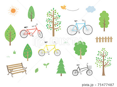 自転車と木とベンチの手描きイラスト 75477487