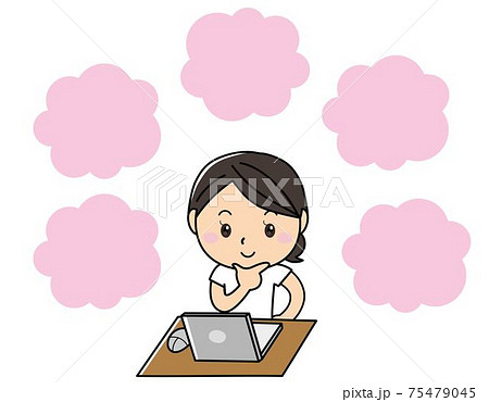 女の子01 01 ノートパソコンの前でいろんなアイディアを出しながら仕事をする女性 のイラスト素材
