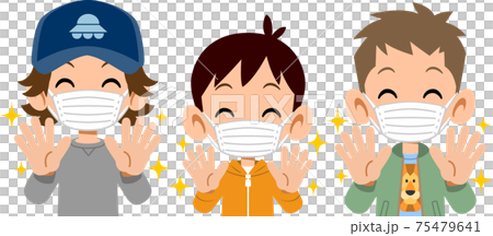 The upper body of three smiling boys who washed their hands and put on masks The upper body of three smiling boys who washed their hands and put on masks 75479641