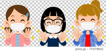 The upper body of three smiling girls who washed their hands and put on masks The upper body of three smiling girls who washed their hands and put on masks 75479642