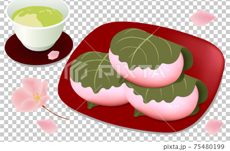 桜色の柏餅と緑茶のセット 桜色の柏餅と緑茶のセット 75480199