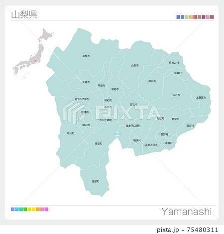 山梨県の地図・Yamanashi・市町村名（市町村・区分け）