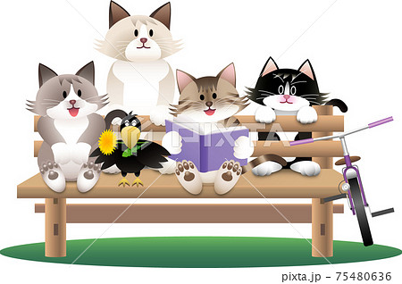 ベンチに座るネコのイラストのイラスト素材