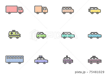カラフルでポップな自動車の線画アイコン カラフルでポップな自動車の線画アイコン 75481029