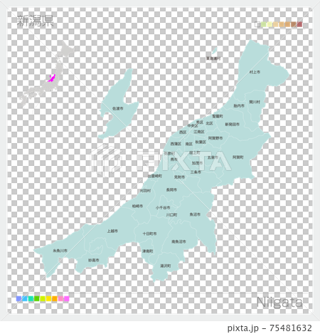 新潟県の地図・Niigata・市町村名（市町村・区分け） 75481632