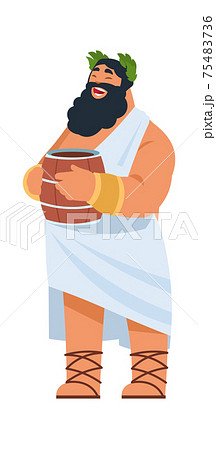God Dionysus. Ancient Greek deity, divine patron of winemaking. Cartoon bearded fat man in toga holding wine barrel. Member of Olympic pantheon. Vector laughing religious character God Dionysus. Ancient Greek deity, divine patron of winemaking. Cartoon bearded fat man in toga holding wine barrel. Member of Olympic pantheon. Vector laughing religious character 75483736