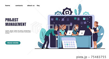 Agile landing page. Kanban methodology software development. Effective project management. Brainstorming and teamwork of employees. Website UI with buttons. Vector web interface mockup Agile landing page. Kanban methodology software development. Effective project management. Brainstorming and teamwork of employees. Website UI with buttons. Vector web interface mockup 75483755
