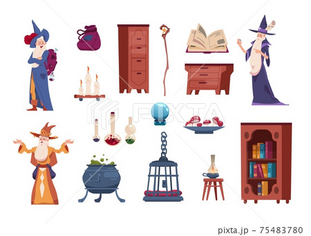 Wizard tools. Cartoon magician casts spells. Alchemical laboratory with cauldron for potions and vials for elixirs. Magic fantasy collection of broom and sorcery instruments, vector set 75483780