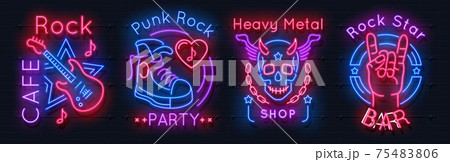 Rock music neon sign. Realistic luminous signboards. Billboards of music cafe or bar. 3D glowing banners hanging on wall. Vector night club emblem with guitar and human skull or hand Rock music neon sign. Realistic luminous signboards. Billboards of music cafe or bar. 3D glowing banners hanging on wall. Vector night club emblem with guitar and human skull or hand 75483806