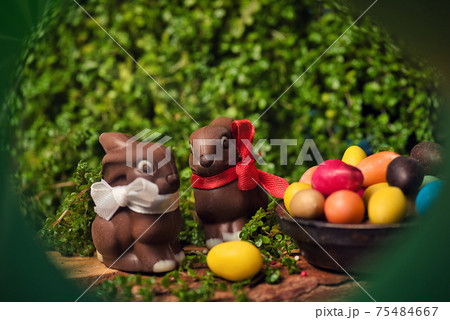 Chocolate Easter eggs with rabbit and egg candies on a wooden table in the yard Chocolate Easter eggs with rabbit and egg candies on a wooden table in the yard 75484667