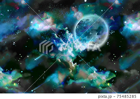 雲海が漂う美しい宇宙と輝く青い惑星と流れ星のsf風宇宙背景イラストのイラスト素材