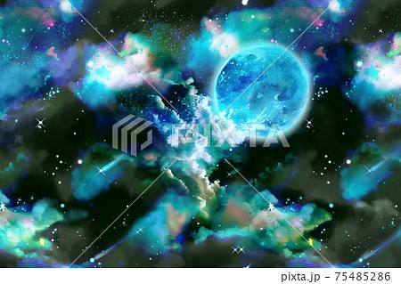 雲海が漂う美しい宇宙と輝く青い惑星と流れ星のsf風宇宙背景イラストのイラスト素材