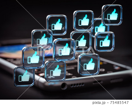Many like and thumb up symbols on smartphone. Ativity and popularity in social medias concept. Many like and thumb up symbols on smartphone. Ativity and popularity in social medias concept. 75485547