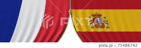 Flags of France and Spain and closing or opening zipper between them. Political negotiations or interaction conceptual 3D rendering 75486742