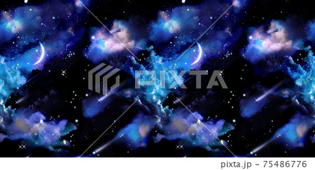 美しい宇宙に漂う雲海と惑星と月と流れ星と流星群のsfパターンイラスト 75486776
