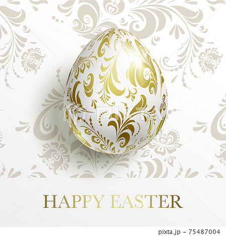 White Happy Easter card. Egg with a golden floral pattern 75487004