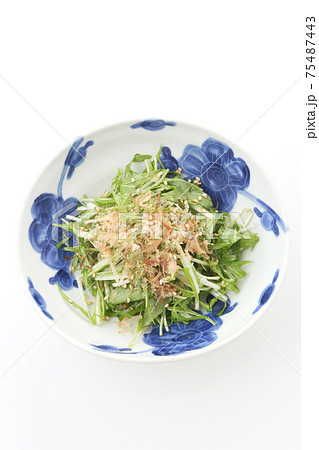 藍染め柄の和食器入りの水菜のカツオ、ゴマかけサラダ俯瞰 藍染め柄の和食器入りの水菜のカツオ、ゴマかけサラダ俯瞰 75487443