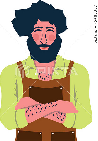 男性　職人　エプロン　腕くみポーズ　上半身　イラスト　 75488357