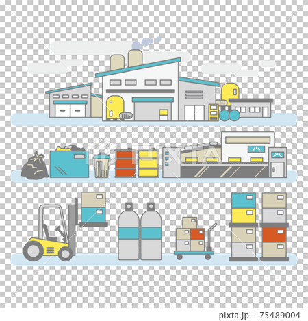 Factory scenery, panoramic view, machines and cargo 75489004