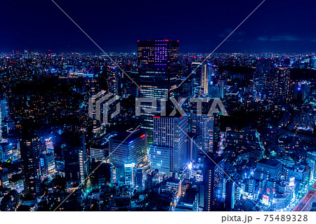 青山霊園　青山　六本木ヒルズ　午後　俯瞰　見下ろし　都心　夜景　東京　タワーマンション　高層ビル 75489328