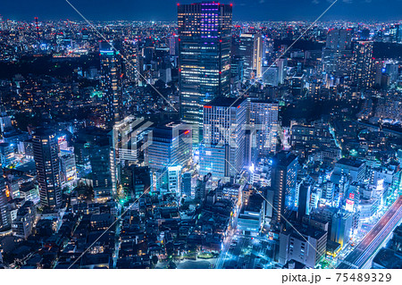 青山霊園　青山　六本木ヒルズ　午後　俯瞰　見下ろし　都心　夜景　東京　タワーマンション　高層ビル 75489329