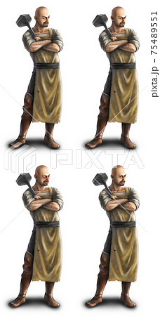 鍛冶師の親父の立ち絵素材 表情4種 笑顔 怒り顔 照れてる 驚いている のイラスト素材