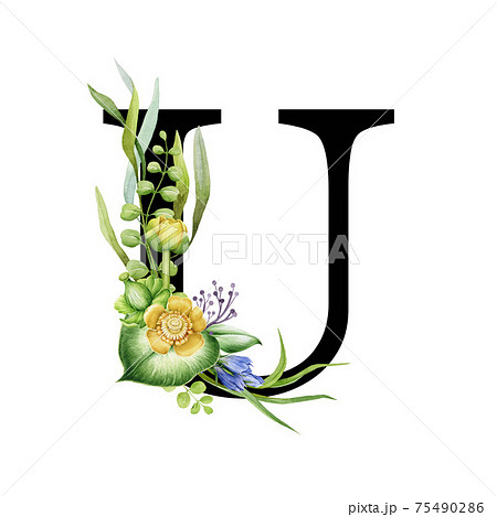 Floral spring alphabet. Capital letter U. Font - Stock