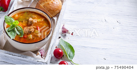 Hungarian beef meat stew with copy space Hungarian beef meat stew with copy space 75490404