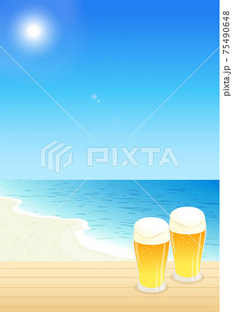 夏のビールと青空と海のベクターイラスト風景(背景)のイラスト素材 