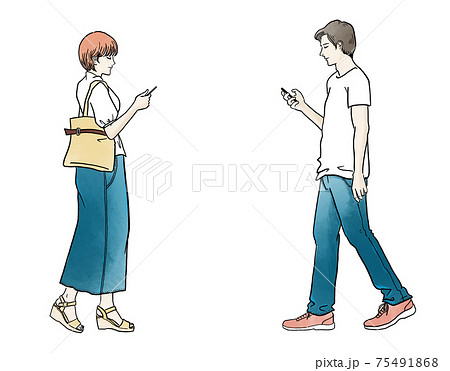 ぶつかりそうな歩きスマホの男女のイラスト素材