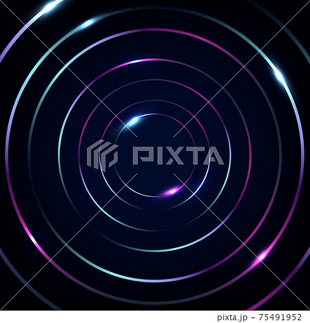 Abstract blue and pink fluorescent circles lines with glowing neon lights on black background 75491952