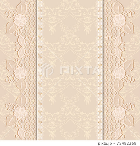 Template greeting or invitation card with delicate lace fabric. Light background. 75492269