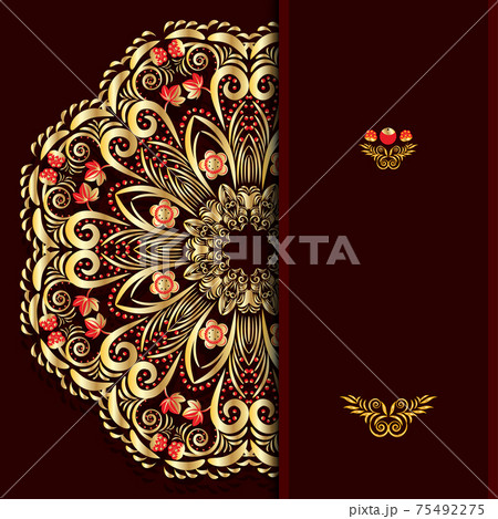 Rich burgundy background with a round gold floral pattern and place for text. 75492275